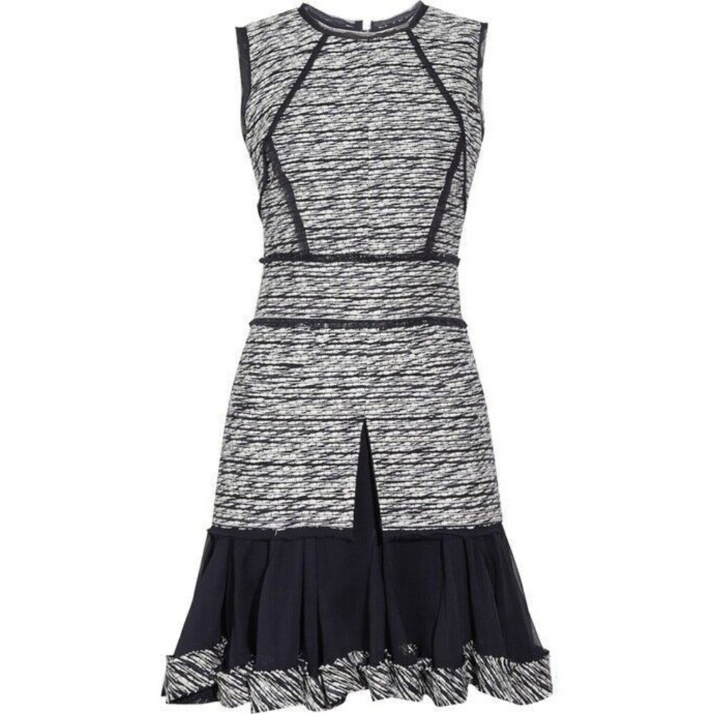 NWT. Oscar de la Renta silk-chiffon trimmed tweed dress Sz 0 blue - Picture 3 of 7
